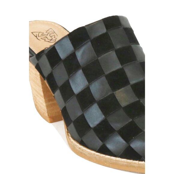NEW ⭐ BEAST FASHION Woven Checkerboard Block Heel Mule Shoes Faux Suede, 3" Heel - Picture 4 of 4